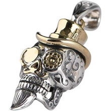 ForFox 925 Sterling Silver Skull Pendant Golden Hat Glasses Gothic Jewelry for Men Women