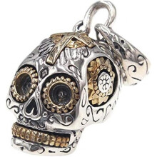 ForFox Klein 925 Sterling Silver Golden Sugar Skull Pendant Punk Biker Skull Jewelry for Men Women