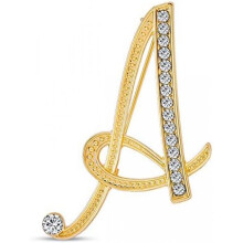 (Gold A) Large Letter Brooch with Rhinestones - Crystal Cursive Script Alphabet Initial Pin for Women Girls Teens, Silver Gold Tone Scarf Clip