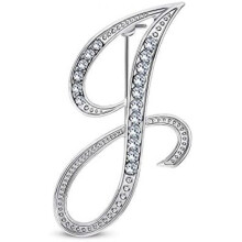 (Silver J) Large Letter Brooch with Rhinestones - Crystal Cursive Script Alphabet Initial Pin for Women Girls Teens, Silver Gold Tone Scarf Clip