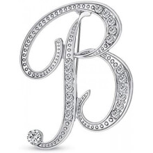 (Silver B) Large Letter Brooch with Rhinestones - Crystal Cursive Script Alphabet Initial Pin for Women Girls Teens, Silver Gold Tone Scarf Clip