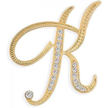 (Gold K) Large Letter Brooch with Rhinestones - Crystal Cursive Script Alphabet Initial Pin for Women Girls Teens, Silver Gold Tone Scarf Clip