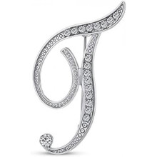 (Silver T) Large Letter Brooch with Rhinestones - Crystal Cursive Script Alphabet Initial Pin for Women Girls Teens, Silver Gold Tone Scarf Clip