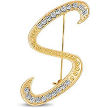 (Gold S) Large Letter Brooch with Rhinestones - Crystal Cursive Script Alphabet Initial Pin for Women Girls Teens, Silver Gold Tone Scarf Clip