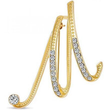 (Gold M) Large Letter Brooch with Rhinestones - Crystal Cursive Script Alphabet Initial Pin for Women Girls Teens, Silver Gold Tone Scarf Clip