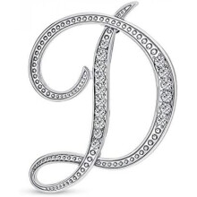 (Silver D) Large Letter Brooch with Rhinestones - Crystal Cursive Script Alphabet Initial Pin for Women Girls Teens, Silver Gold Tone Scarf Clip