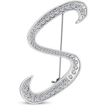 (Silver S) Large Letter Brooch with Rhinestones - Crystal Cursive Script Alphabet Initial Pin for Women Girls Teens, Silver Gold Tone Scarf Clip