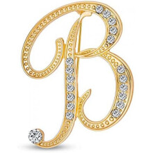 (Gold B) Large Letter Brooch with Rhinestones - Crystal Cursive Script Alphabet Initial Pin for Women Girls Teens, Silver Gold Tone Scarf Clip