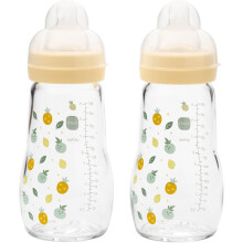MAM Glass Bottle, 2X 260ml, with SkinSoft Silicone Teat, Yellow