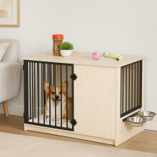 Hondenbench voor binnen, houtlook, 2 bakken, middelgroot
