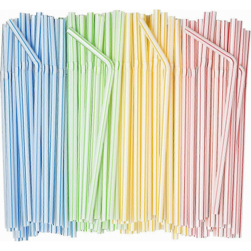 500 Pack Flexible Disposable Plastic Drinking Straws - 9.4" High - Assorted Colors Striped