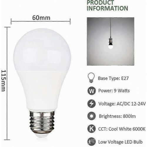 12v E27 9w Cool White 6000k Halogen Equivalent 75w, Ac Dc 12 Volt 24 Volt E27 Led 4 Pack 1