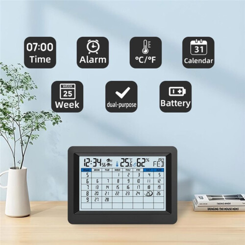 Väckarklocka Digital Kalender Väggklocka Veckonummer Termometer Hygrometer Sovrum Skrivbordsklocka 12/24 Timmar Hem 1