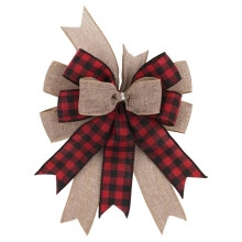 Black and Red Check Burlap with Wired Ribbon, Handmade Farmhouse Wreath Bow for Front Door Mailbox Lantern B