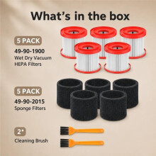 49-90-1900 Wet/Dry Vacuum Filters for 0780-20 0880-20: 5-Pack Filters with Foam Sleeve Washable and Reusable