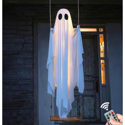 Large Hanging Swing Ghost Halloween Decor with LED String Lights for Outdoor Front Porch Yard Tree