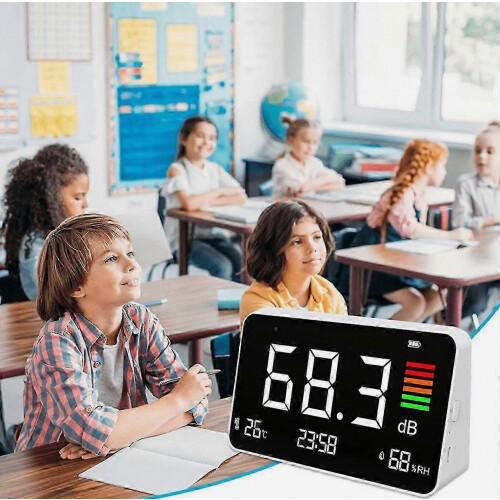 Decibel Meter,Digital Sound Level Meter 30-130db, LED Display Desktop Noise Time Temperature Humidity Meter 1