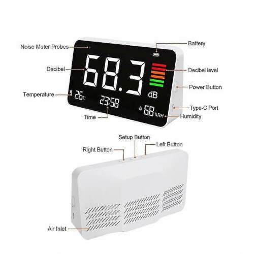 Decibel Meter,Digital Sound Level Meter 30-130db, LED Display Desktop Noise Time Temperature Humidity Meter 2