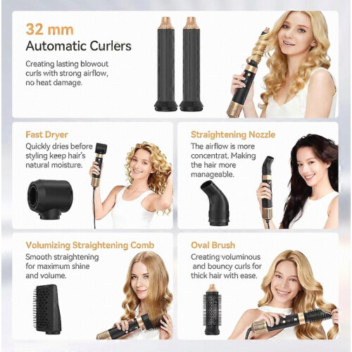 6-in-1 Haartrocknerbürste mit integriertem Lockenstab, Schwarz 1