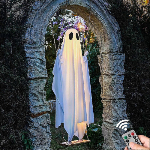 Large Hanging Swing Ghost Halloween Decor with LED String Lights for Outdoor Front Porch Yard Tree 2