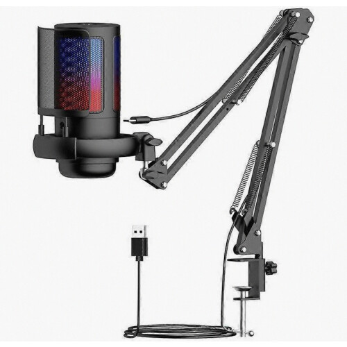 Microfono da gaming con braccio snodato, supporto per treppiede, microfono USB RGB per PC, ideale per podcast, video e streaming, micro