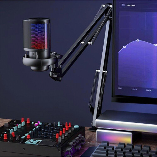 Microfono da gaming con braccio snodato, supporto per treppiede, microfono USB RGB per PC, ideale per podcast, video e streaming, micro 1