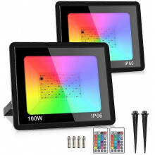 Lot de 2 projecteurs LED RGB 100 W étanches IP66 avec télécommande, couleurs changeantes, pour fêtes et Halloween (110 V).