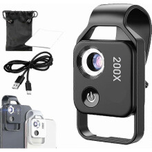 Microscopio para teléfono móvil con aumento de 200x, lente CPL y luz LED, clip universal para smartphones.