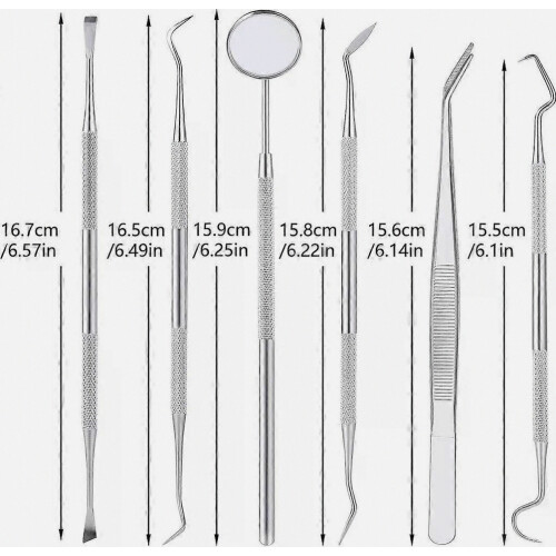 6-osainen hammashoitosetti, hammaslääkärin instrumentit, hammashoitoaterimet, hammaspeili 1
