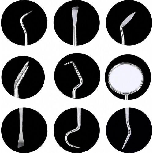 6-osainen hammashoitosetti, hammaslääkärin instrumentit, hammashoitoaterimet, hammaspeili 2