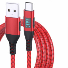 USB-C naar USB-C kabel voor snel opladen met LED-display, lange USB-C kabel, snellaadkabel, gebruiksvriendelijk, rood.