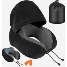 Adjustable Hooded Travel Neck Pillow - Comfortable Head & Neck Support for Long Flights, Office & Car Travel, Black