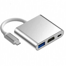 Type C naar USB-hub, multifunctioneel, 3-in-1, 5 Gbps snelheid, draagbaar Type C-dockingstation voor thuis en kantoor, zilverkleurig.