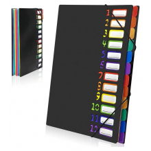 Cartella portadocumenti espandibile formato A4 con 12 tasche, impermeabile, con linguette colorate, ideale per la scuola e l'ufficio, colore nero.