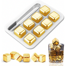 Stainless Steel Whisky Stones Set, 8 Reusable Ice Cubes with Silicone Ice Tongs, Gold Chilling Rocks for Bourbon and Scotch