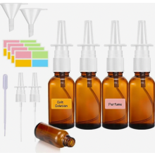 Nasensprayflaschen, 4 x 30 ml Braunglas Sprühflaschen mit Zerstäuber, 2 Trichter und Etiketten für Kochsalzlösung und Parfüm