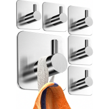 6 Pack Self Adhesive Towel Hooks, No Drilling Stainless Steel Bathroom Wall Hooks, Rustproof Classic Design for Kitchen and Bath