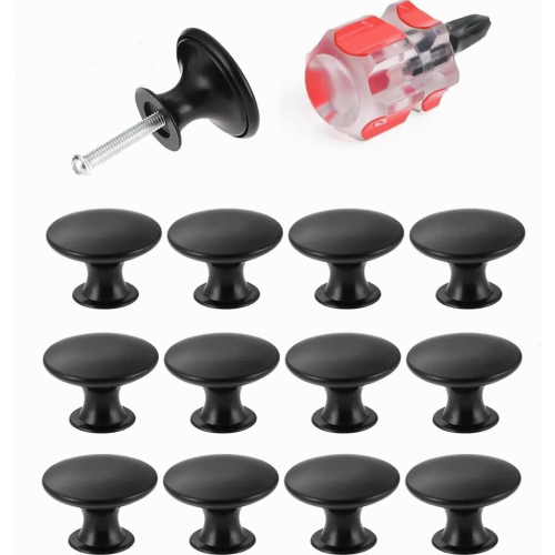 Black Cabinet Knobs, 12 Pack 30mm Round Drawer Handles with Screws, Modern Vintage Cupboard Pulls for Kitchen Wardrobes