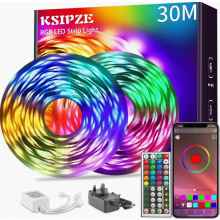 30 m led-valonauha, kaksi 15 m rullaa, monivärinen musiikin tahtiin vaihtuva valo, sovellusohjaus ja kaukosäädin makuuhuoneeseen