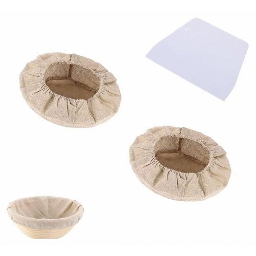 2 Pack Baker's Linen Cloths 25 cm for Bread Dough Proofing, Includes Dough Scraper, Linen Inserts for Proofing Baskets