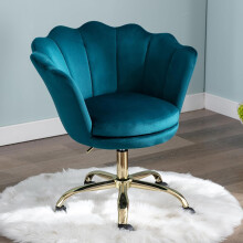 Teal Velvet Vanity Chair with Gold Legs, Adjustable Height Swivel Makeup Desk Chair, Petal Backrest Bedroom Home Office Study Chair