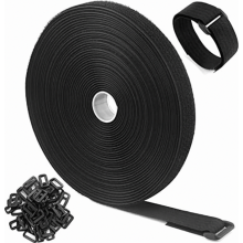 10 m x 2 cm Hook and Loop Cable Tie Roll with 50 Buckles, Cut to Length, Reusable Fastening Strap for Cable Management, Black