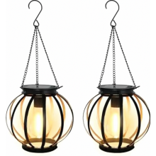 2 Pack Hanging Outdoor Solar Lanterns with LED Bulbs, Metal Solar Lights with Hook and Chain, IP65 Waterproof Garden Decor