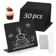 Confezione da 30 mini lavagnette, porta-etichette da tavolo a forma di L, etichette nere da 100 x 75 mm per buffet, matrimoni, feste ed eventi.