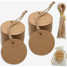 100 Pcs Brown Round Kraft Paper Gift Tags with Jute Twine, 5 cm Hang Labels for Packaging, Weddings, Parties and Price Tags