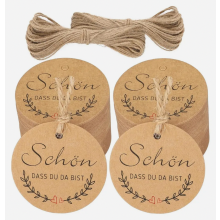 Confezione da 100 etichette regalo rotonde in carta kraft con cordino di iuta, 6 cm, marroni, con la scritta "Glad You Are Here" (Siamo felici che t