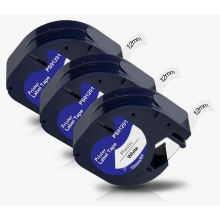 3 Pack 12mm x 4m Plastic Label Tape, Black on White Replacement Labelling Cassette, Durable Self Adhesive Label Roll