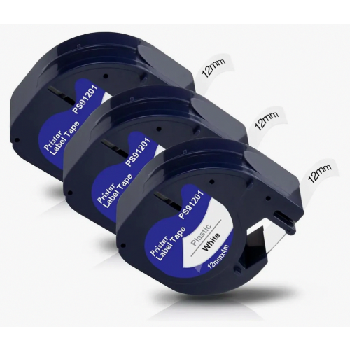3 Pack 12mm x 4m Plastic Label Tape, Black on White Replacement Labelling Cassette, Durable Self Adhesive Label Roll