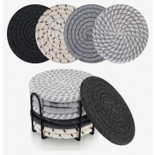 8 stuks ronde gevlochten katoenen onderzetters voor glazen en mokken met houder, antislip drankonderzetters voor tafel