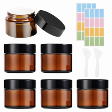 6 Pack 50ml Amber Glass Cosmetic Jars with Spatulas and Labels, Refillable Cream Pots for Balms, Salves and Skincare